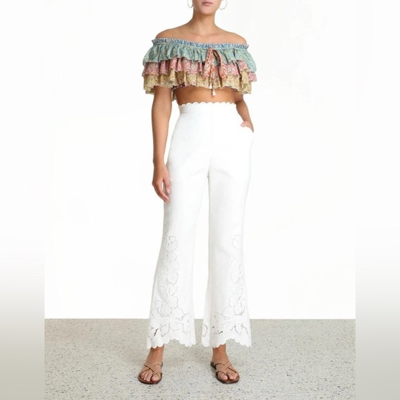 ZIMMERMANN Carnaby Scallop Broderie Anglaise Linen Flared Pants - Picture 9 of 14